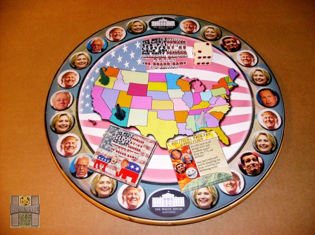 The rotating game board featuring the main players in the 2016 U.S. election race.